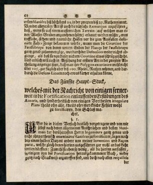 68-90, Das Fuenffte Haupt-Stuck, welches mit der Nachricht von einigen fernerweit in die Fortification einlauffenden Erfindungen des Autoris...