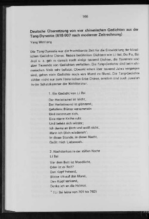 Deutsche Übersetzung von vier chinesischen Gedichten aus der Tang-Dynastie (618-907 nach moderner Zeitrechnung)