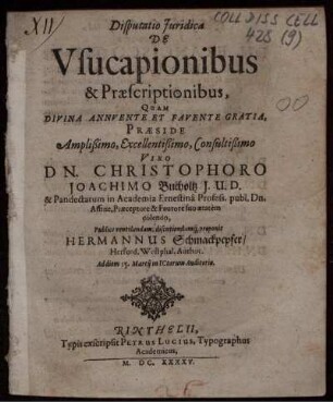 Disputatio Iuridica De Usucapionibus & Praescriptionibus
