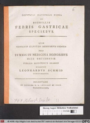 Dispvtatio Inavgvralis Medica De Nonnvllis Febris Gastricae Speciebvs