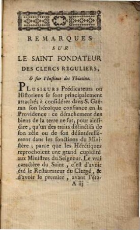 Remarques sur le S. Fondateur des Clercs Reguliers