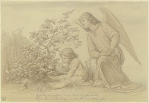 Kind und Engel in ein Nest schauend