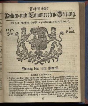 10. Stueck, Montag den 7ten Martii 1757
