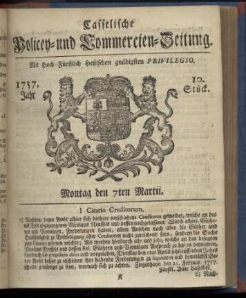 10. Stueck, Montag den 7ten Martii 1757