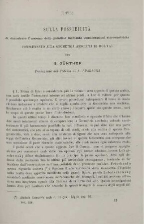 Sulla possibilità di dimostrare l'assioma dello parallele mediante considerazioni stereometriche.
