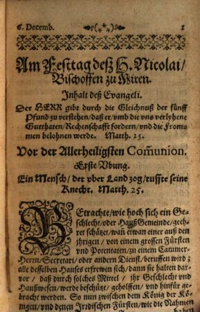 ... Theil Der Vbung- vnd Betrachtungen, Vor- vnd nach der Allerheiligsten Communion, 4[,1]. Welcher in sich begreifft die Kirchen-Fest