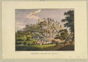 Der Oybin im Zittauer Gebirge aus südlicher Richtung, im Vordergrund die Ortschaft Oybin mit Bergkirche, aus Eschkes Oybin und seine Ruine von 1832
