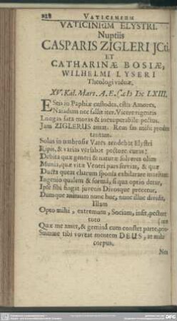 Vaticinum Elystri. Nuptiis Casparis Ziegleri JCti, Et Catharinae Bosiae, Wilhelmi Lyseri Theologi viduae