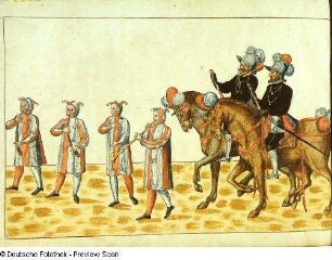 Contrafactur des Ringrennens unter Kurfürst August zur Fastnacht am 23.02.1574 im kurfürstlichen Schlosse zu Dresden. Blatt 41. Musizierende Narren in spätgotischer Aufmachung. Dresden: SLUB Mscr.Dresd.K.2
