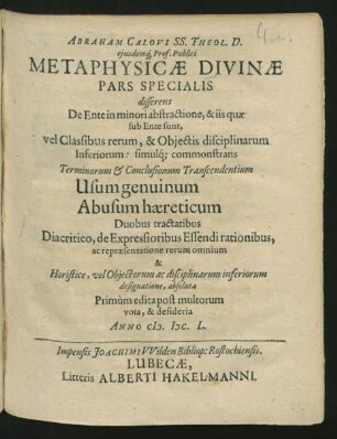 Metaphysicae Divinae Pars Specialis