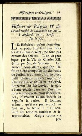 Histoire de Pologne & du Grand Duché de Lithuanie par Mr... à Amsterd. 1733. Praef sur la fin.