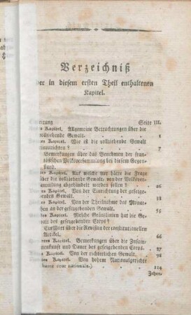 Verzeichniß der in diesem ersten Theil enthaltenen Kapitel.