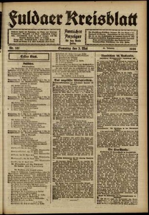 Erste Ausgabe vom Samstag, den 03. Mai 1919.