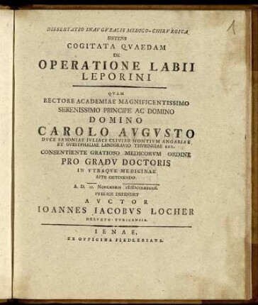 Dissertatio Inauguralis Medico-Chirurgica Sistens Cogitata Quaedam De Operatione Labii Leporini