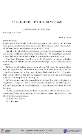 Karl Jaspers- Piper Verlag (1967)