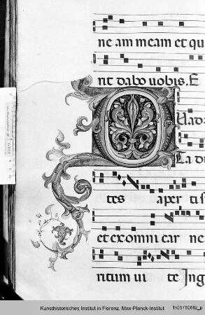 Buchseite mit Text, Neumen und Rankeninitiale D - Corale