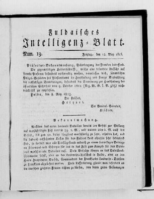 Num. 19, Ausgabe vom 12. May 1815