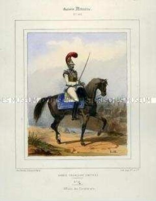 Uniformdarstellung, Offizier der Karabiner-Regiments zu Pferd, Kaiserreich Frankreich, 1804/1812. Tafel Nr. 140 aus: Galerie Militaire.
