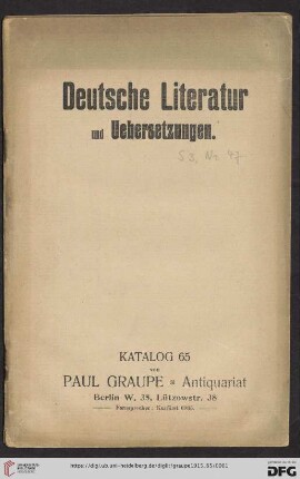 Nr. 65: Katalog / Paul Graupe, Antiquariat: Deutsche Literatur und Uebersetzungen