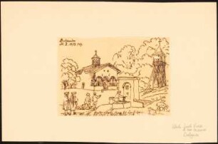 Kloster Sweti Vraca bei Lem Pelanca (?): Perspektivische Ansicht mit Brunnen und Staffage, Durchzeichnung nach: Illustrirte Zeitschrift, 1873, S. 489