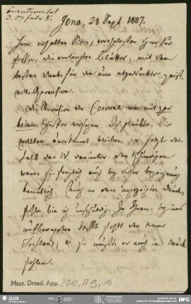 Eigenh. Brief von Heinrich Carl Abraham Eichstaedt an August Wilhelm von Schlegel, Jena, 28.09.1807