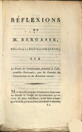 Reflexions ... sur le projet de constitution présenté à l'assemblée nationale