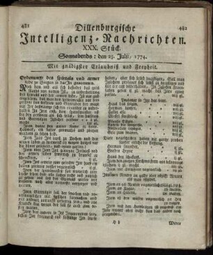 Sonnabends: den 23. Julii 1774.