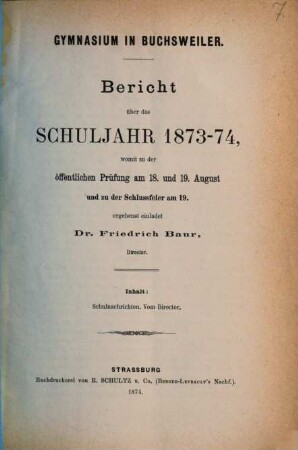 Bericht über das Schuljahr .... 1873/74