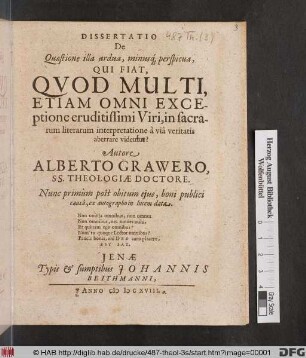 Dissertatio De Quaestione illa ardua, minusq[ue] perspicua, Qui Fiat, Quod Multi, Etiam Omni Exceptione eruditissimi Viri, in sacrarum literarum interpretatione a via veritatis aberrare videmus?