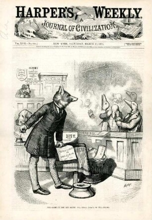 The game of fox and geese; or, legal trials of the period : ein Anwalt, der als Fuchs dargestellt wird, hält vor einer Jury aus Gänsen ein Plädoyer