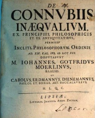 De Connvbiis Inaeqvalivm Ex Principiis Philosophicis Et Ex Antiqvitatibvs