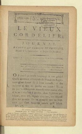 Un journal pendant la Révolution. Première page du Vieux Cordelier. - Photographie
