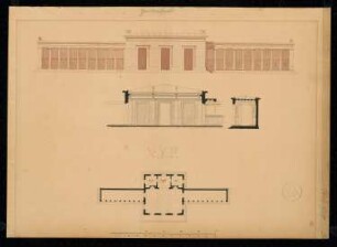 Gartensaal Monatskonkurrenz Oktober 1827: Grundriss Erdgeschoss, Aufriss Vorderansicht, Teillängsschnitt, Teilquerschnitt; 2 Maßstabsleisten