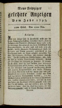 93tes Stück. Den 20ten Nov.