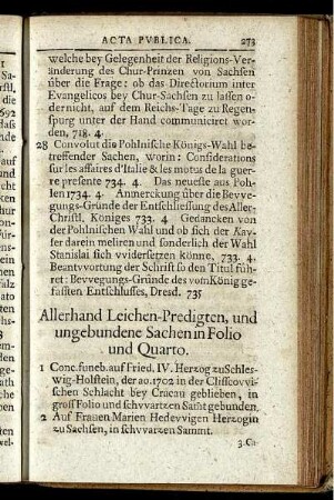 Allerhand Leichen-Predigten, und ungebundene Sachen in Folio und Quarto.