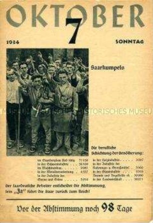 Kalenderblatt eines Abreißkalenders zur Saar-Abstimmung ("Abstimmungskalender")