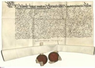 Landgraf Philipp II. von Hessen-Rheinfels und Landgraf Georg I. von Hessen-Darmstadt bekunden, dass sie über die laut Testament Landgraf Philipps ...