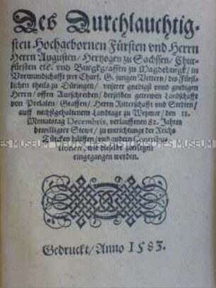 Herzog August von Sachsen ruft die thüringischen Stände auf, die Türkensteuern zu bezahlen