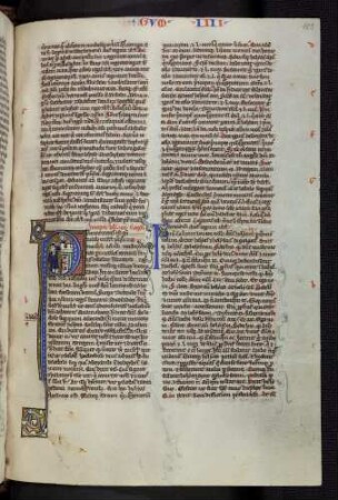 Historisierte Initiale (IV. Regum): P(revaricatus est autem): Ein Schütze zielt auf Achab, der auf einem Turm steht.