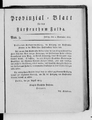Num. 9., Ausgabe vom 1. September 1815