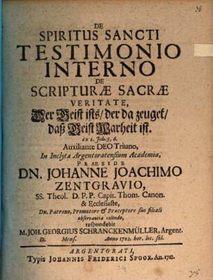 De Spiritus Sancti Testimonio Interno De Scripturæ Sacræ Veritate : ex I. Job. 5, 6.. [2]