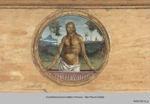 Geburt und Anbetung Christi : Predella mit der trauernden Maria, Auferstehung Christi und dem Heiligen Johannes Evangelista