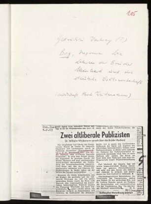 Zeitungsausschnitt "Zwei altliberale Publizisten. Dr. Wilhelm Weidemann sprach über die Brüder Murhard"