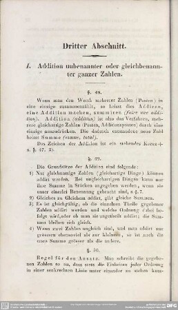 Dritter Abschnitt. I. Addition unbenannter oder gleichbenannter ganzer Zahlen
