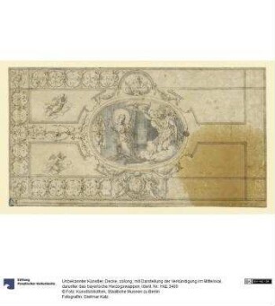 Decke, oblong, mit Darstellung der Verkündigung im Mitteloval, darunter das bayerische Herzogswappen