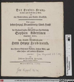 Der Erndte-Kranz : ein Lob- und Dank-Lied zu Gott, als eine Vorbereitung zum Erndte-Dankfeste