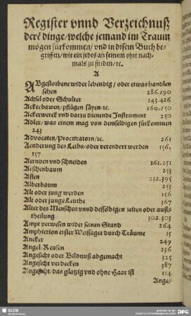 Register unnd Verzeichnuß dere[n] dinge, welche jemand im Traum mögen fürkommen, und in disem Buch begriffen, wie ein jedes an seinem ohrt nachmals zu finden, [et]c.
