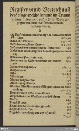 Register unnd Verzeichnuß dere[n] dinge, welche jemand im Traum mögen fürkommen, und in disem Buch begriffen, wie ein jedes an seinem ohrt nachmals zu finden, [et]c.