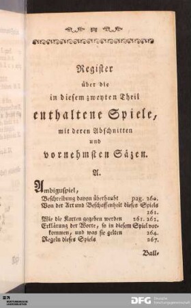 Register über die in diesem zweyten Theil enthaltene Spiele