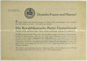 Programmatische Flugschrift der Republikanischen Partei Deutschlands mit dem Aufruf zur Mitgliedschaft